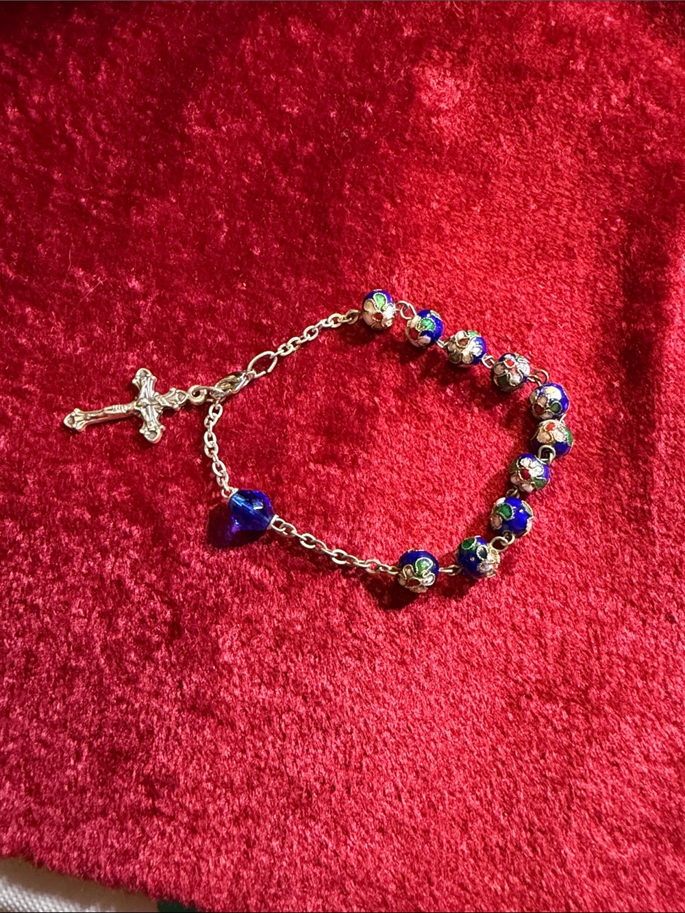 Vintage Made in Italy Blue Cloisonné Bead Rosary Bracelet with Cross 6”-8”